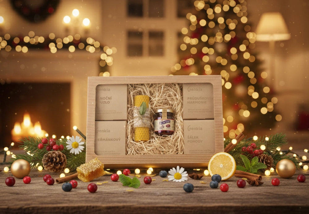 Vánoční dárkové balení čajů s medem a svíčkou