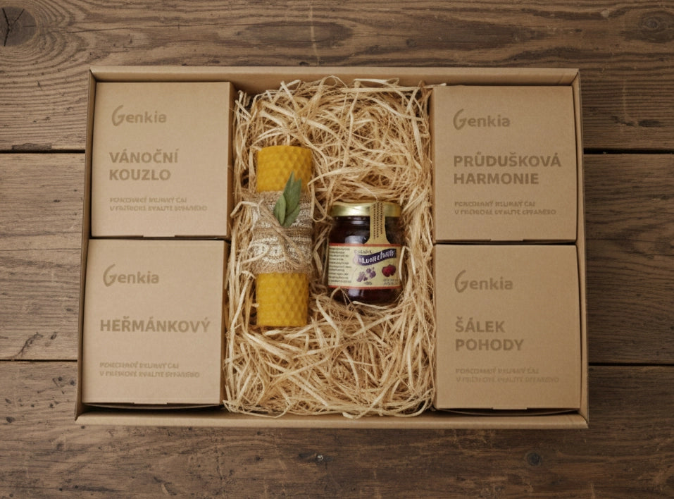 Vánoční dárkové balení čajů s medem a svíčkou